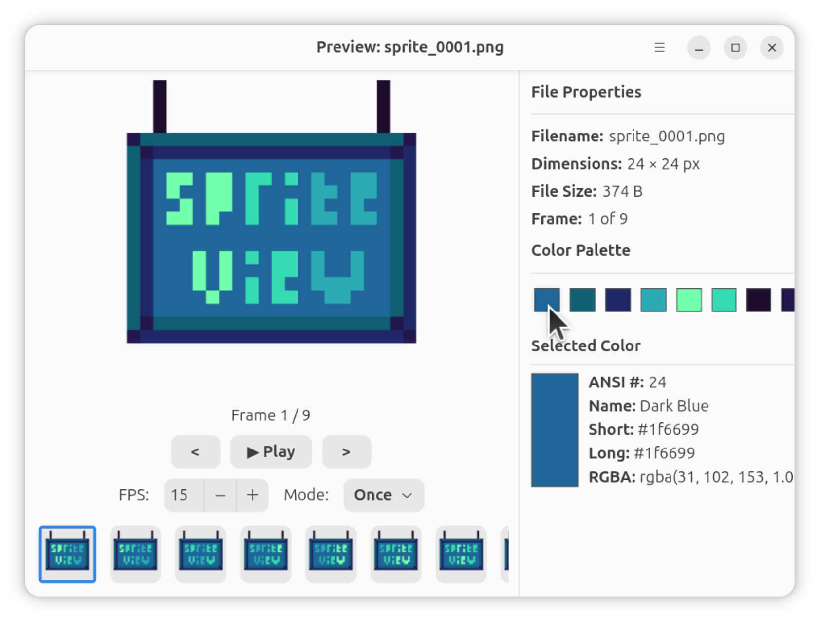 Interactive color palette analyzer displaying top 16 colors, color swatches, Hex and ANSI name equivalents.