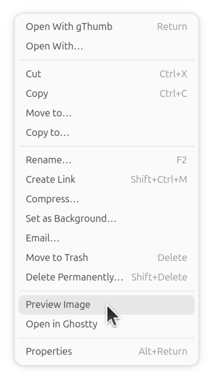 Nautilus context menu showing 'Preview Image' option.