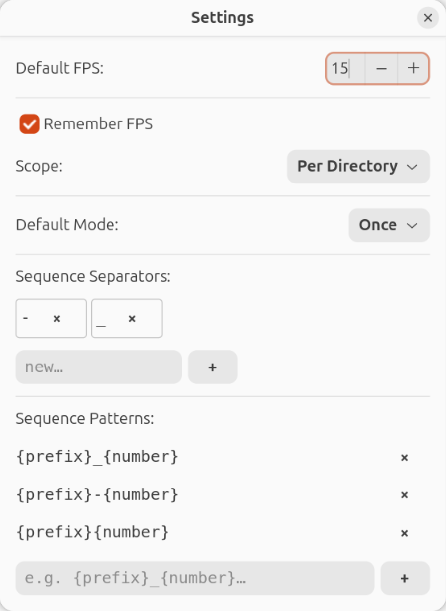 SpriteView Settings window showing options for default FPS, remember FPS, scope, default mode, sequence separators, and sequence patterns.