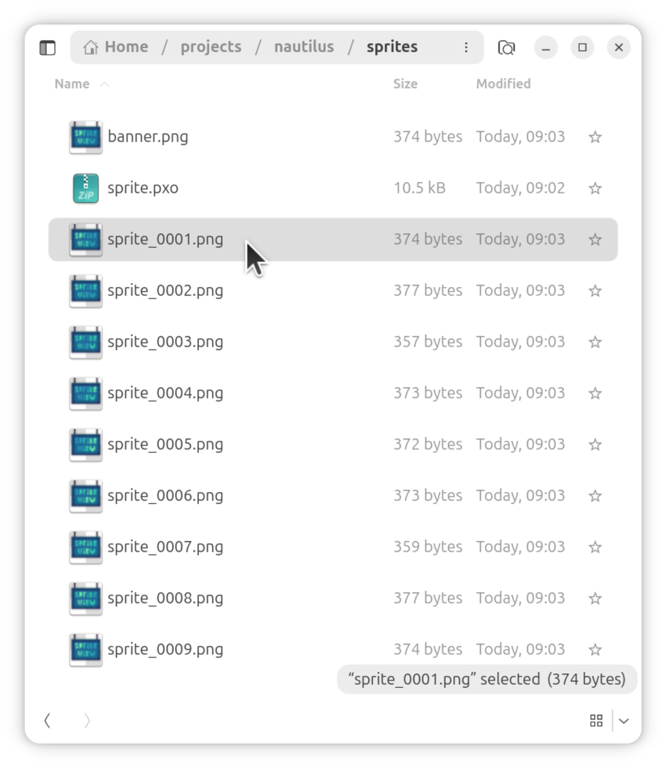 Selecting a single sprite frame in Nautilus.