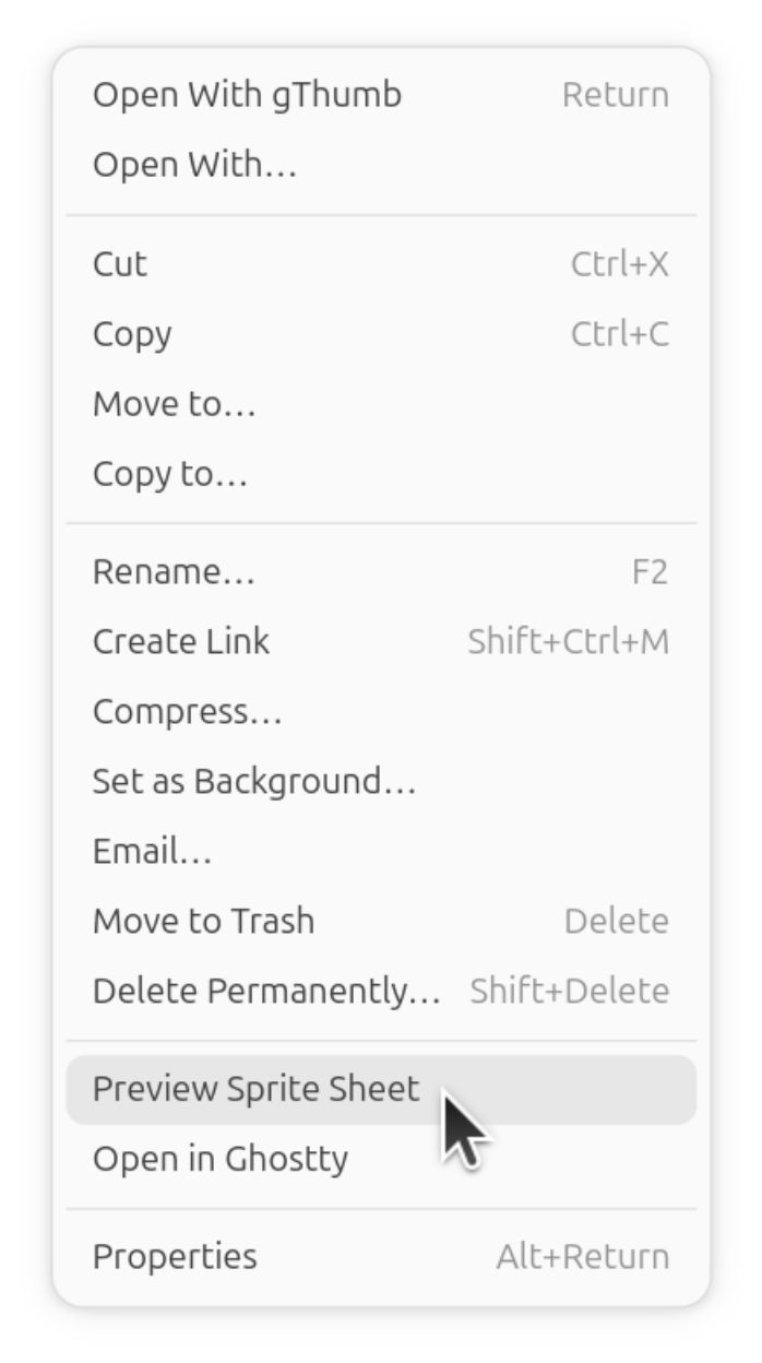 Nautilus context menu showing 'Preview Sprite Sheet' option.