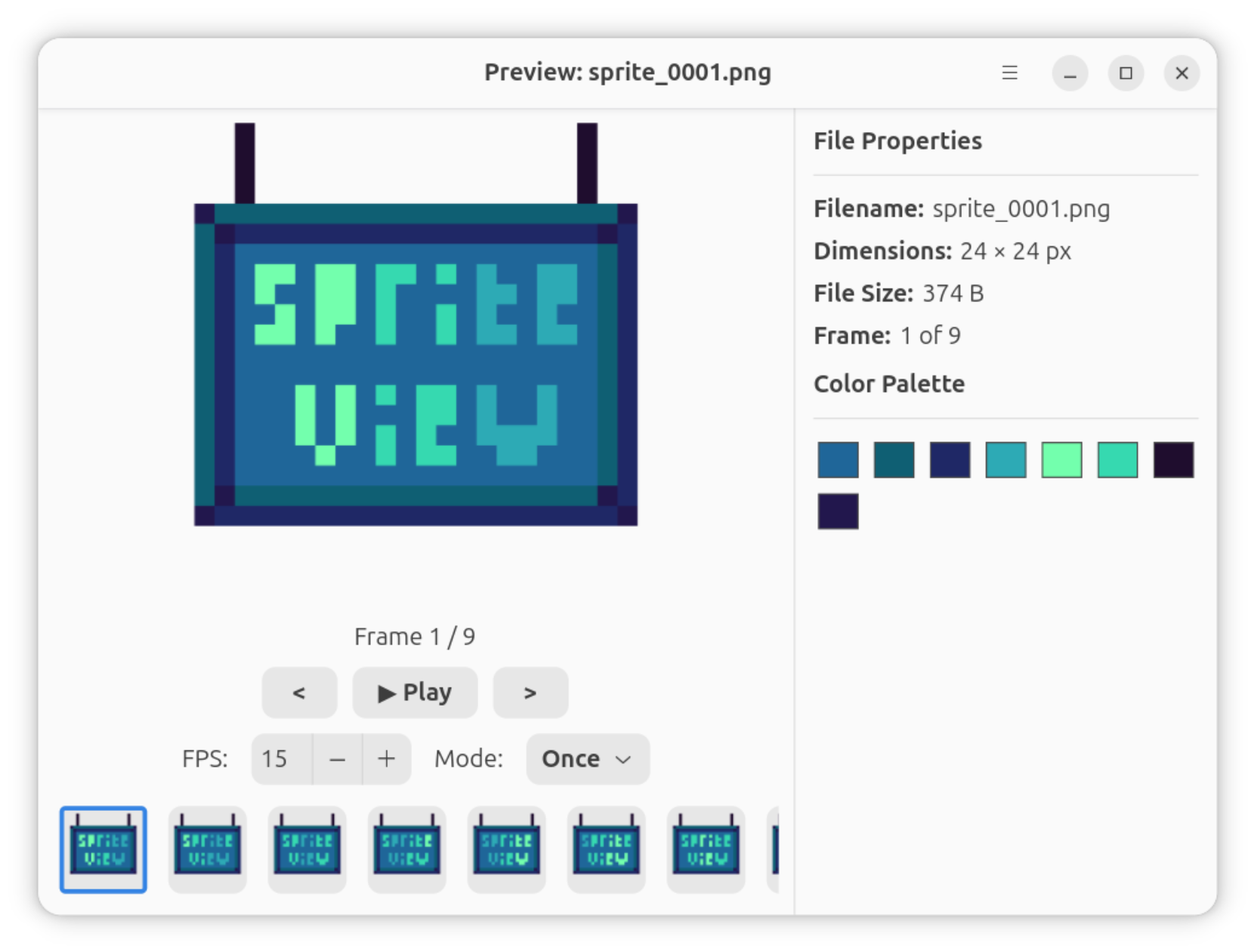 SpriteView animated playback controller window with interactive controls.